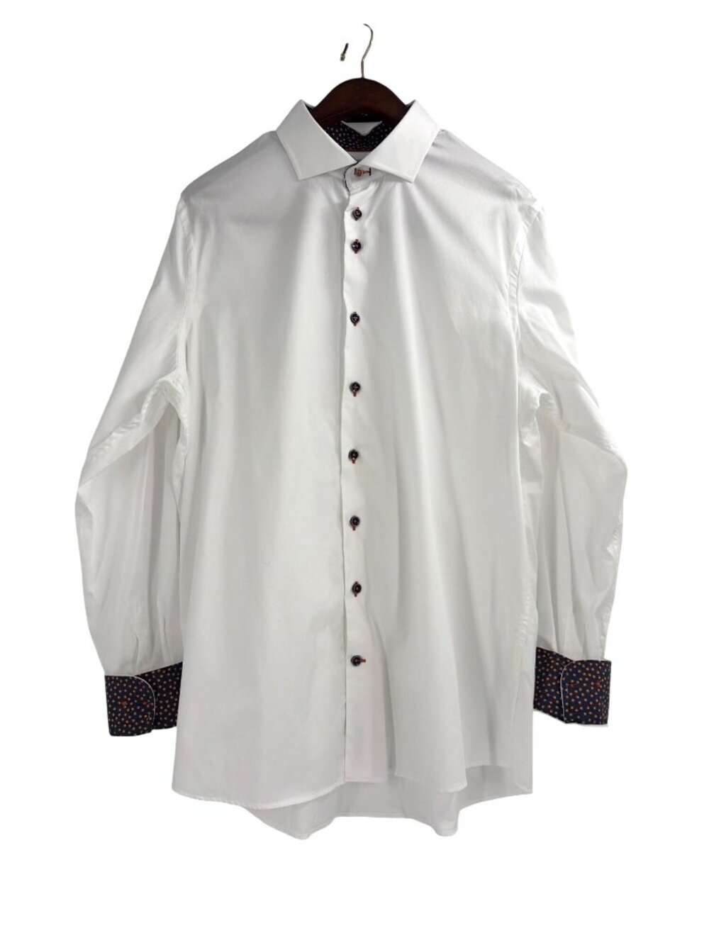 R2 Amsterdam Organic Cotton White Contrast Cuff Button Up Shirt Mens 44 17.5"